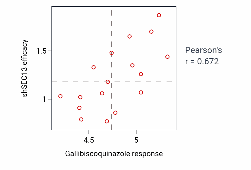 Per-cell-line scatter of Gallibiscoquinazole response vs SEC13 shRNA dependency in OESOPHAGUS.