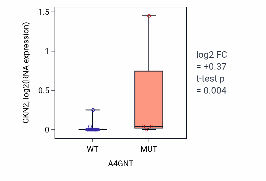 Box plot of GKN2 in A4GNT-low vs A4GNT-high samples in OESOPHAGUS.