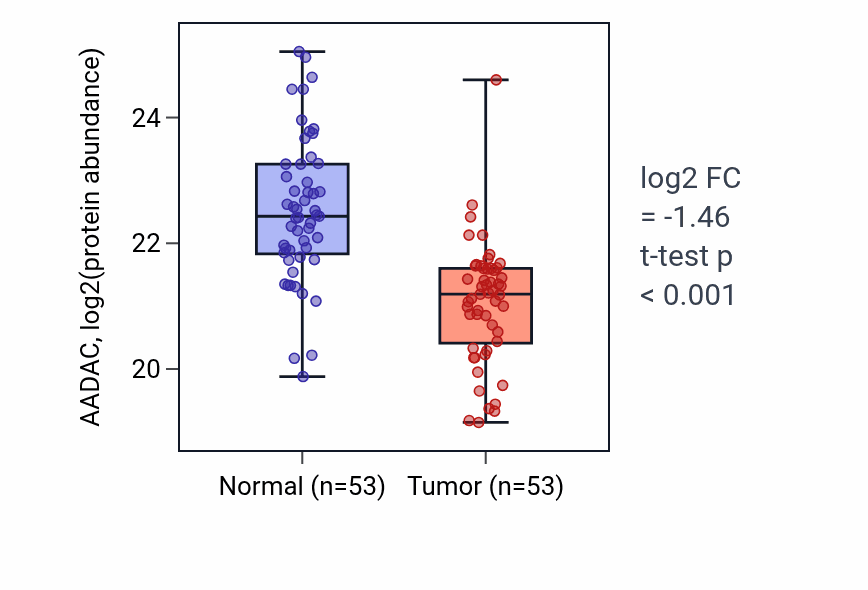 Tumor-vs-normal mass-spec protein box plot for AADAC in HNSC.
