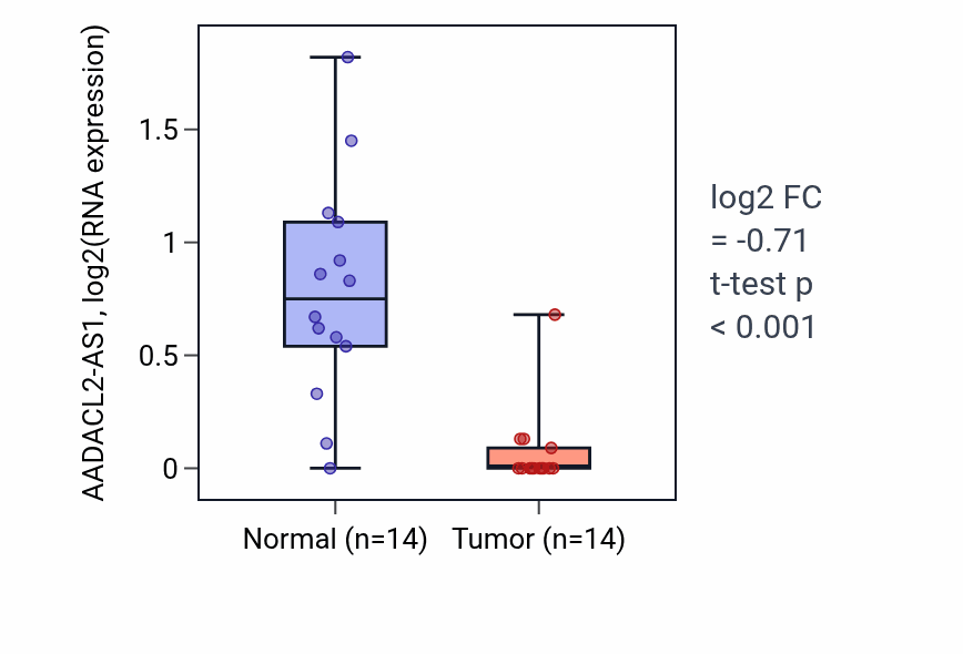 Tumor-vs-normal expression box plot for AADACL2-AS1 RNA in THCA.
