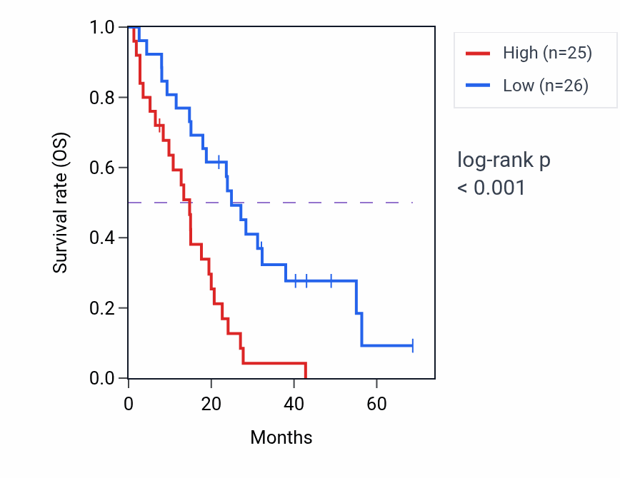Kaplan&ndash;Meier survival curve for ABCC10 RNA expression in MESO: high vs low expression groups.