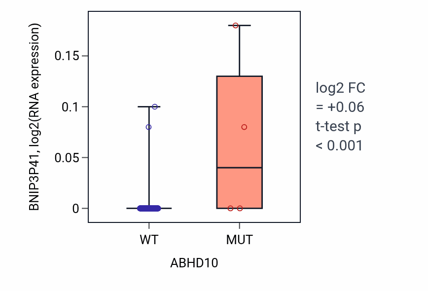 Box plot of BNIP3P41 in ABHD10-low vs ABHD10-high samples in COAD.