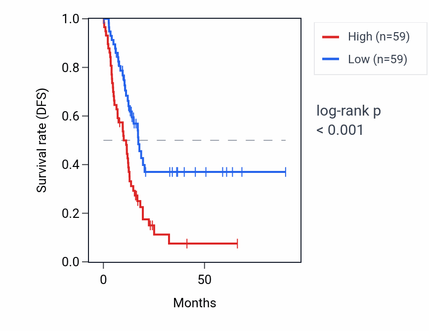 Kaplan&ndash;Meier survival curve for ABHD11-AS1 RNA expression in PAAD: high vs low expression groups.