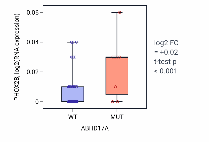 Box plot of PHOX2B in ABHD17A-low vs ABHD17A-high samples in BLOOD_Leukemia.