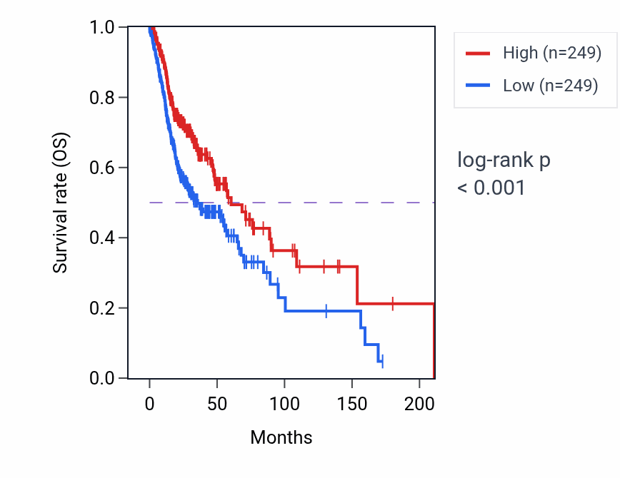 Kaplan&ndash;Meier survival curve for ACAP2-IT1 RNA expression in HNSC: high vs low expression groups.