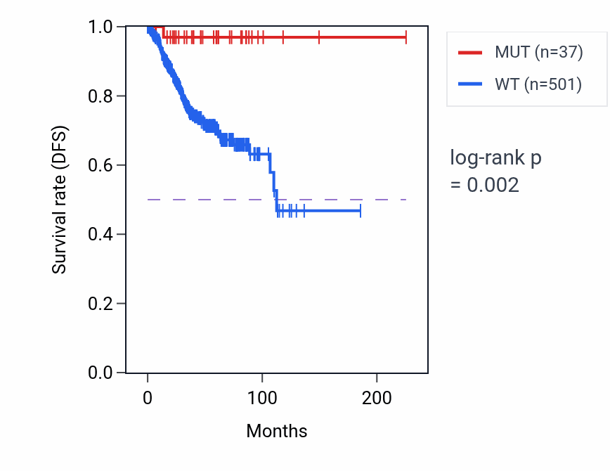 Kaplan&ndash;Meier survival curve for ACE2 mutant vs wild-type samples in UCEC.