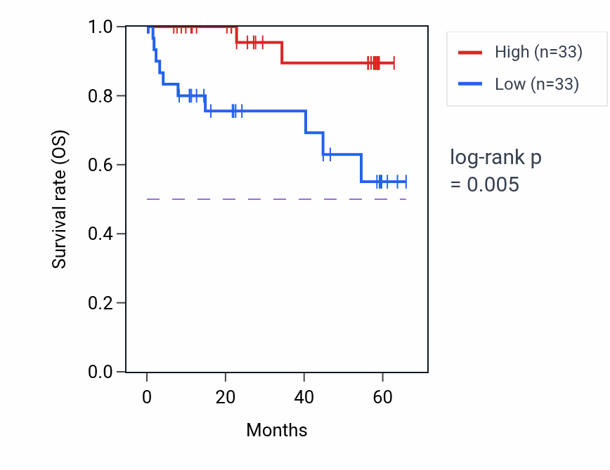 Kaplan&ndash;Meier survival curve for ACSM2B mass-spec protein-high vs -low samples in CCRCC.