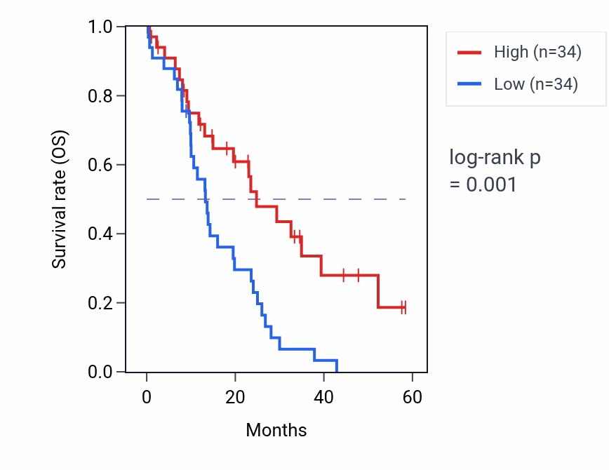 Kaplan&ndash;Meier survival curve for ACSS2 mass-spec protein-high vs -low samples in PDAC.