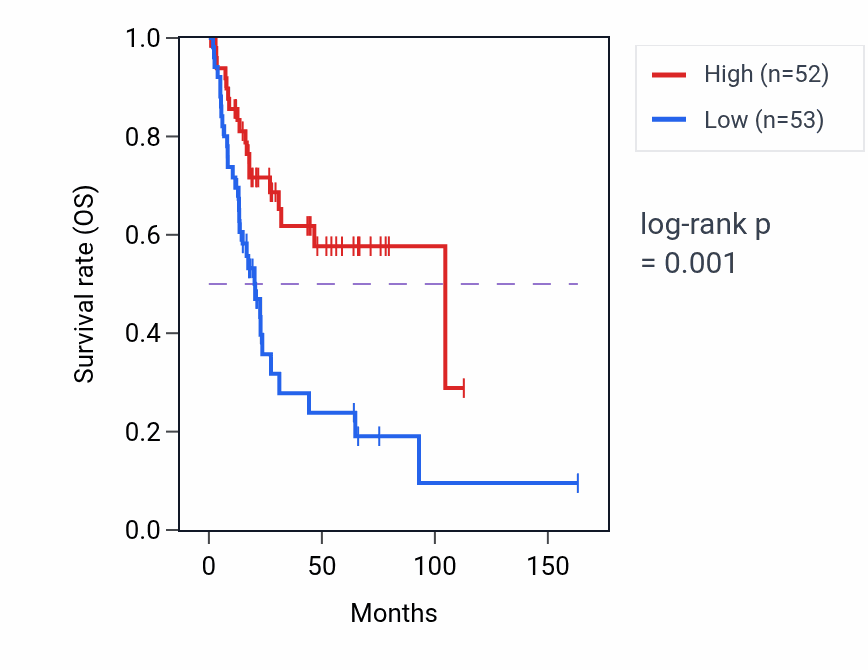 Kaplan&ndash;Meier survival curve for ACTBP13 RNA expression in BLCA: high vs low expression groups.