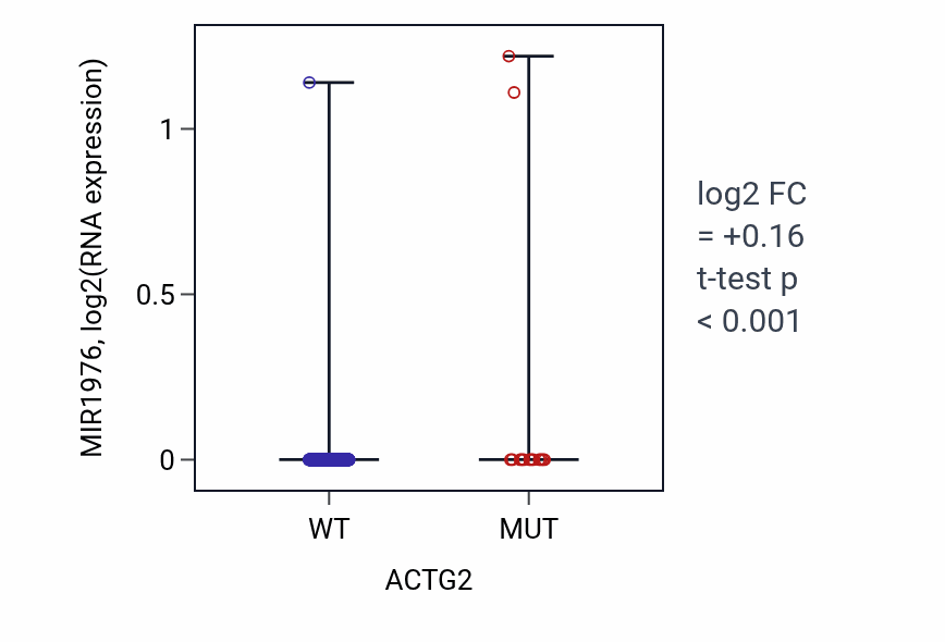 Box plot of MIR1976 in ACTG2-low vs ACTG2-high samples in SKCM.