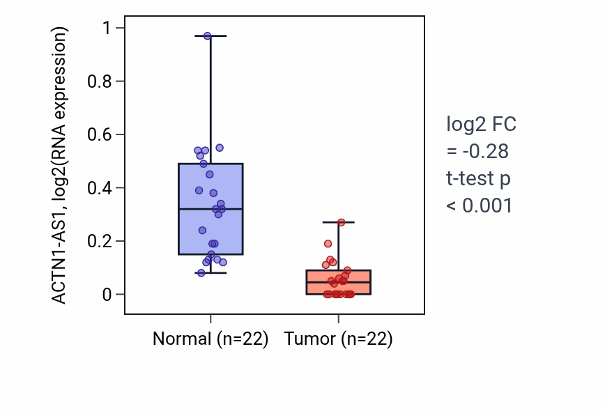 Tumor-vs-normal expression box plot for ACTN1-AS1 in KICH.