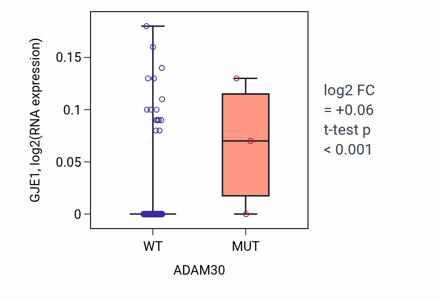 Box plot of GJE1 in ADAM30-low vs ADAM30-high samples in PRAD.