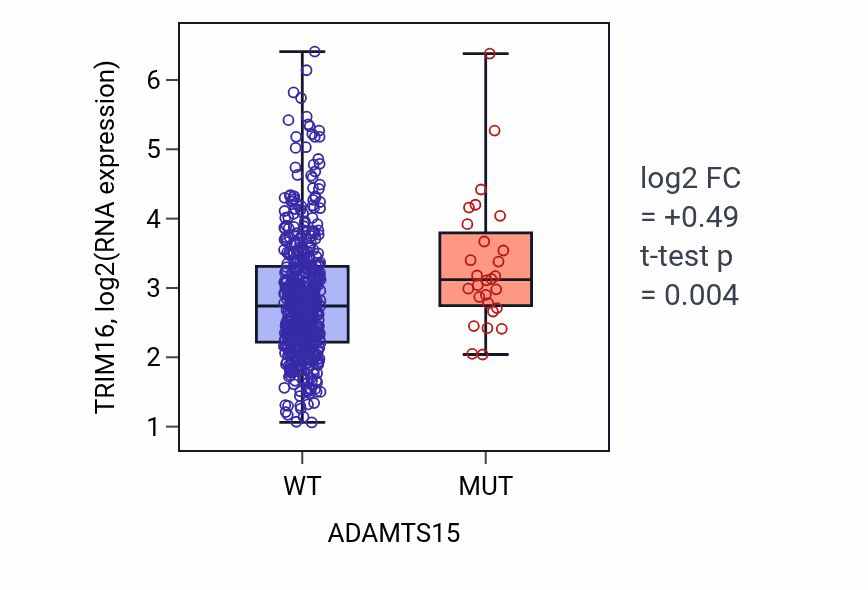 Box plot of TRIM16 in ADAMTS15-low vs ADAMTS15-high samples in UCEC.