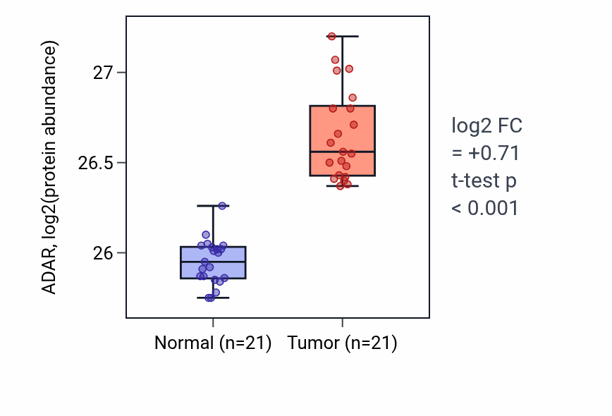 Tumor-vs-normal mass-spec protein box plot for ADAR in HNSC.