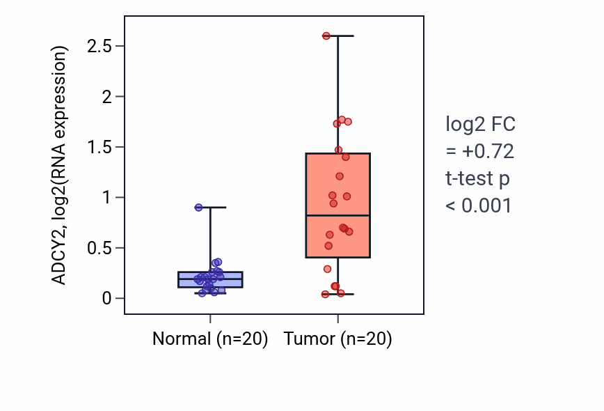 Tumor-vs-normal expression box plot for ADCY2 in KIRC.