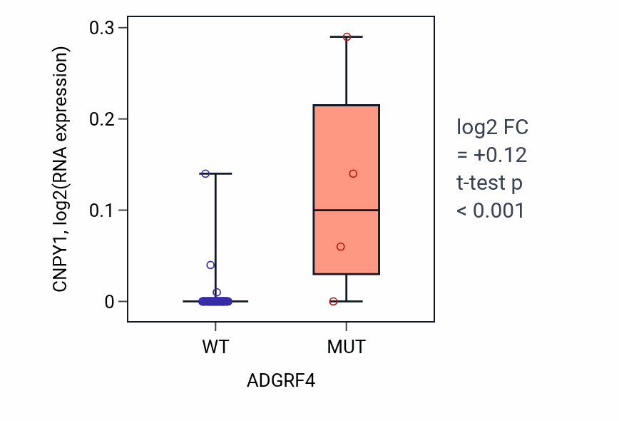 Box plot of CNPY1 in ADGRF4-low vs ADGRF4-high samples in OVARY.