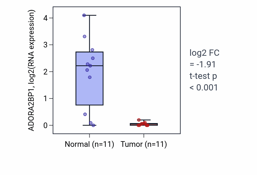 Tumor-vs-normal expression box plot for ADORA2BP1 RNA in KIRP.