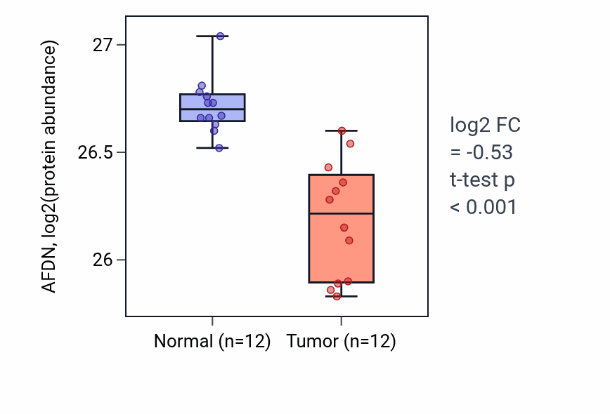 Tumor-vs-normal mass-spec protein box plot for AFDN in LUAD.