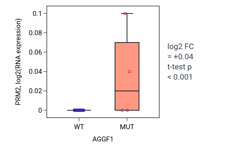 Box plot of PRM2 in AGGF1-low vs AGGF1-high samples in LUNG_NSCLC_LUAD.