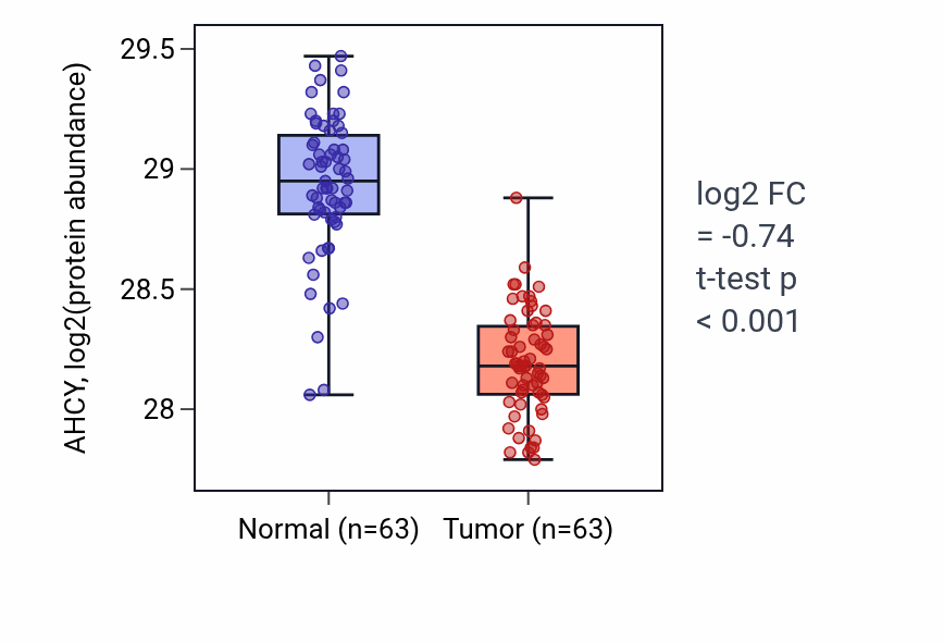Tumor-vs-normal mass-spec protein box plot for AHCY in CCRCC.