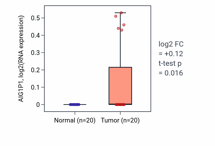 Tumor-vs-normal expression box plot for AIG1P1 RNA in KIRC.