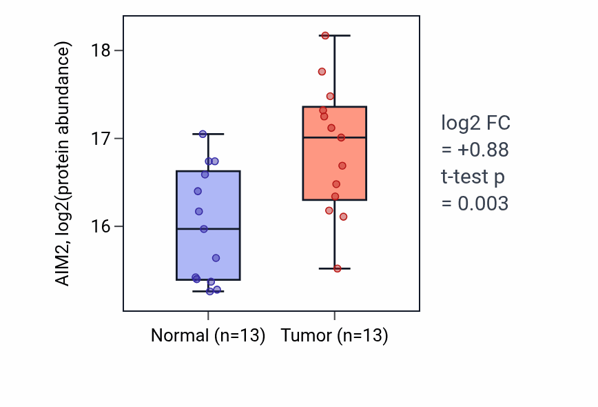 Tumor-vs-normal mass-spec protein box plot for AIM2 in HNSC.