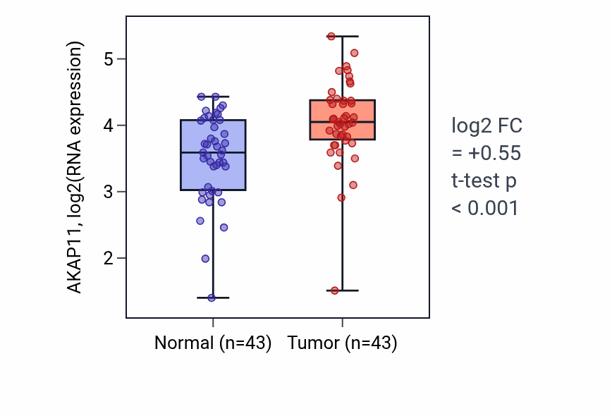 Tumor-vs-normal expression box plot for AKAP11 RNA in HNSC.