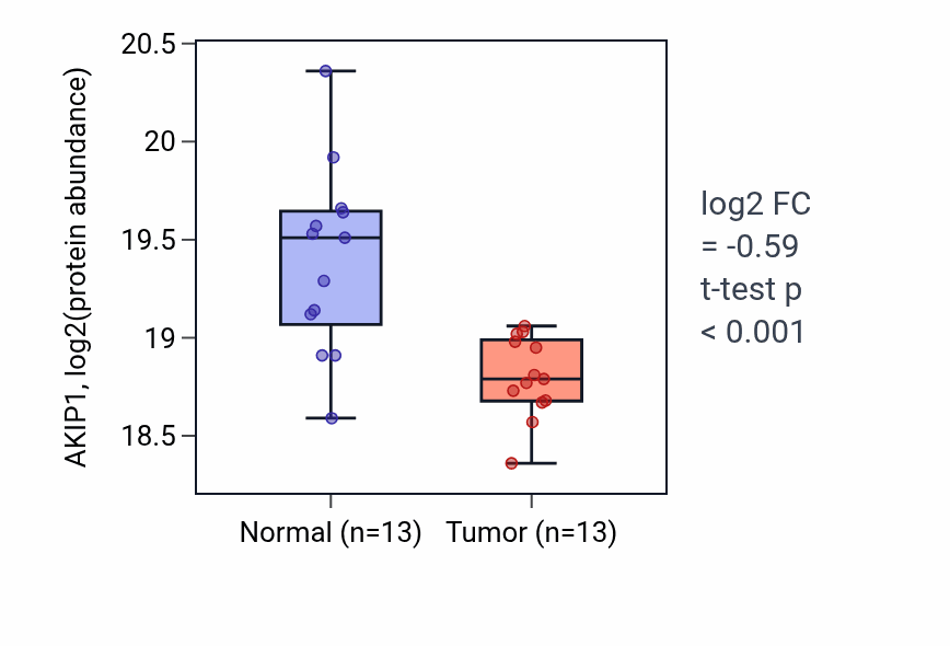 Tumor-vs-normal mass-spec protein box plot for AKIP1 in LSCC.