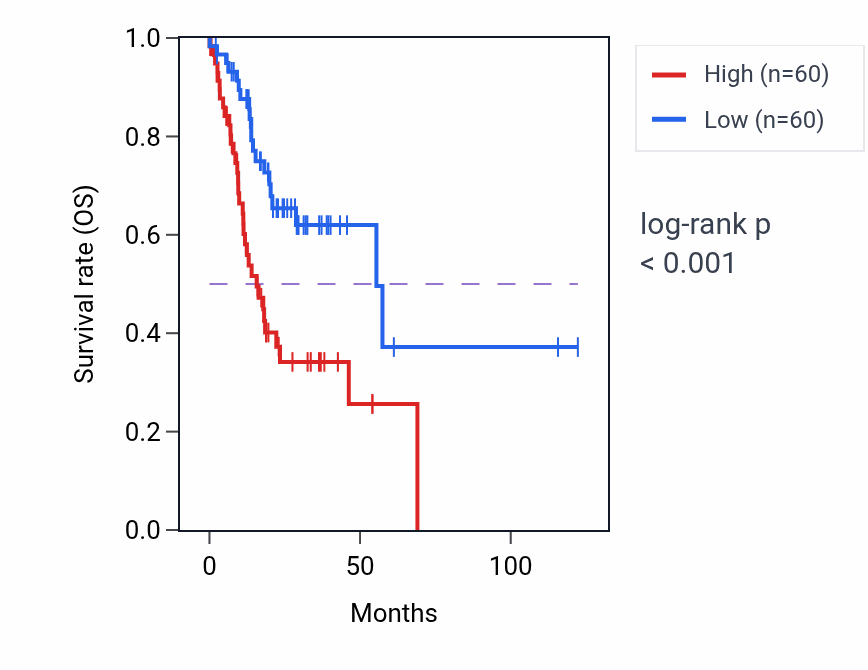 Kaplan&ndash;Meier survival curve for AKR1C2 RNA-high vs -low samples in STAD.