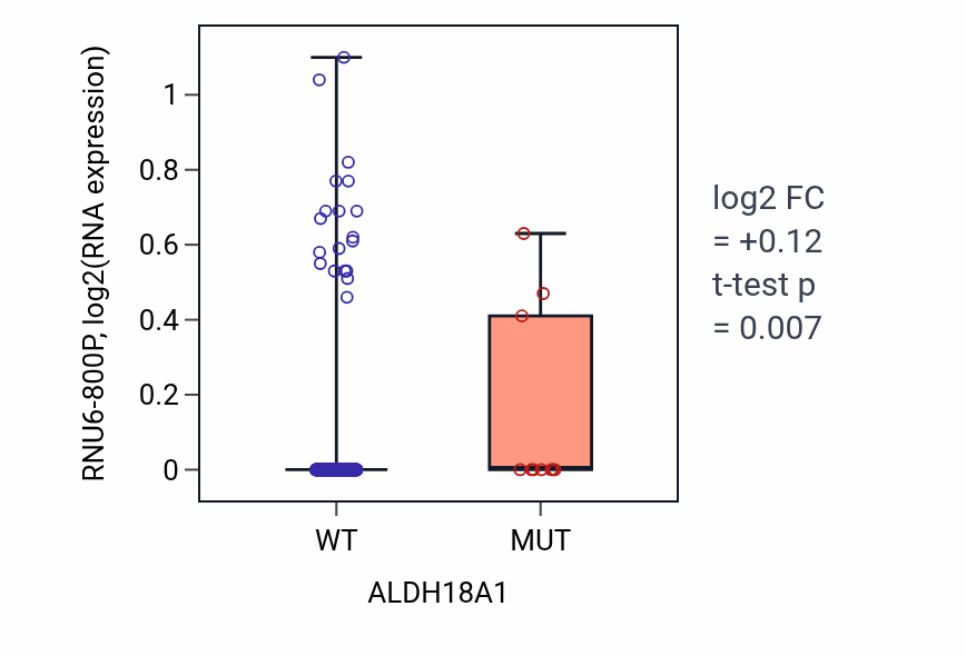 Box plot of RNU6-800P in ALDH18A1-low vs ALDH18A1-high samples in SKCM.