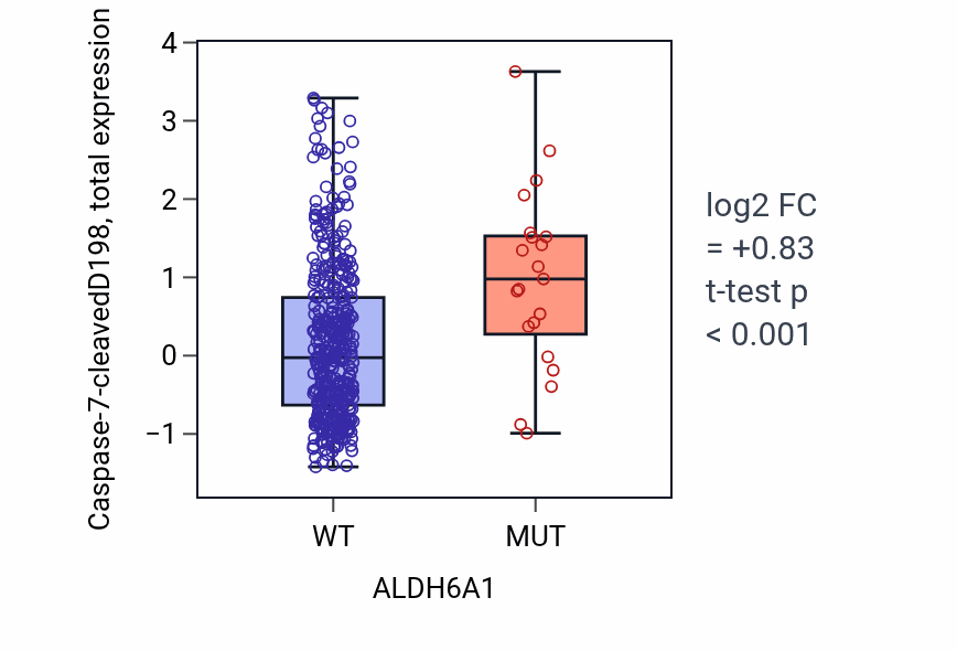 Box plot of Caspase-7-cleavedD198 in ALDH6A1-low vs ALDH6A1-high samples in UCEC.