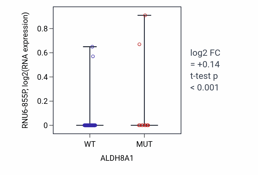 Box plot of RNU6-855P in ALDH8A1-low vs ALDH8A1-high samples in SKCM.