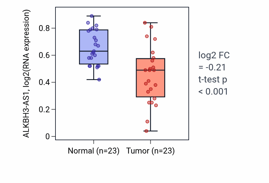 Tumor-vs-normal expression box plot for ALKBH3-AS1 in THCA.