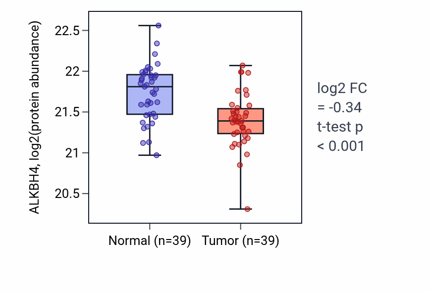 Tumor-vs-normal mass-spec protein box plot for ALKBH4 in PDAC.