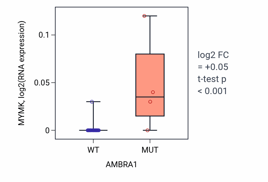 Box plot of MYMK in AMBRA1-low vs AMBRA1-high samples in BLOOD_Myeloma.