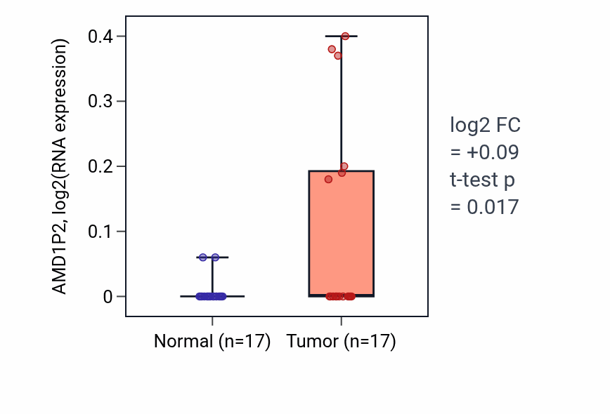 Tumor-vs-normal expression box plot for AMD1P2 in COAD.