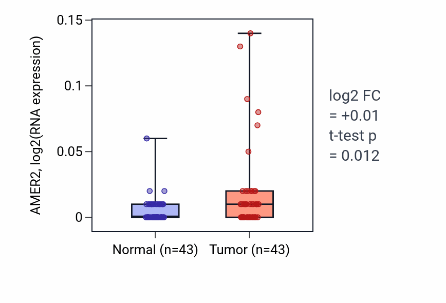 Tumor-vs-normal expression box plot for AMER2 in HNSC.