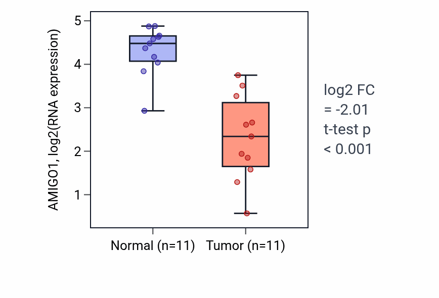 Tumor-vs-normal expression box plot for AMIGO1 in KICH.