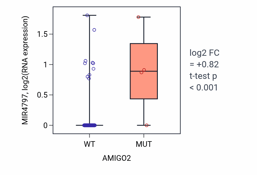 Box plot of MIR4797 in AMIGO2-low vs AMIGO2-high samples in READ.