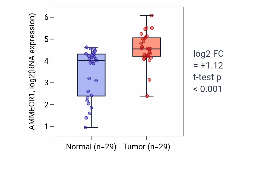 Tumor-vs-normal expression box plot for AMMECR1 RNA in HNSC.