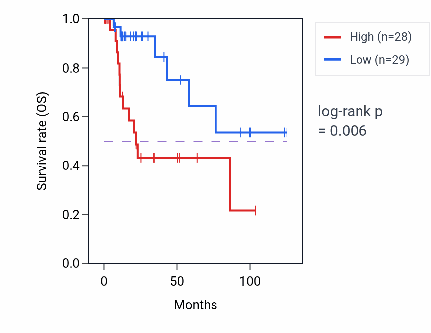Kaplan&ndash;Meier survival curve for AMMECR1L RNA expression in ACC: high vs low expression groups.