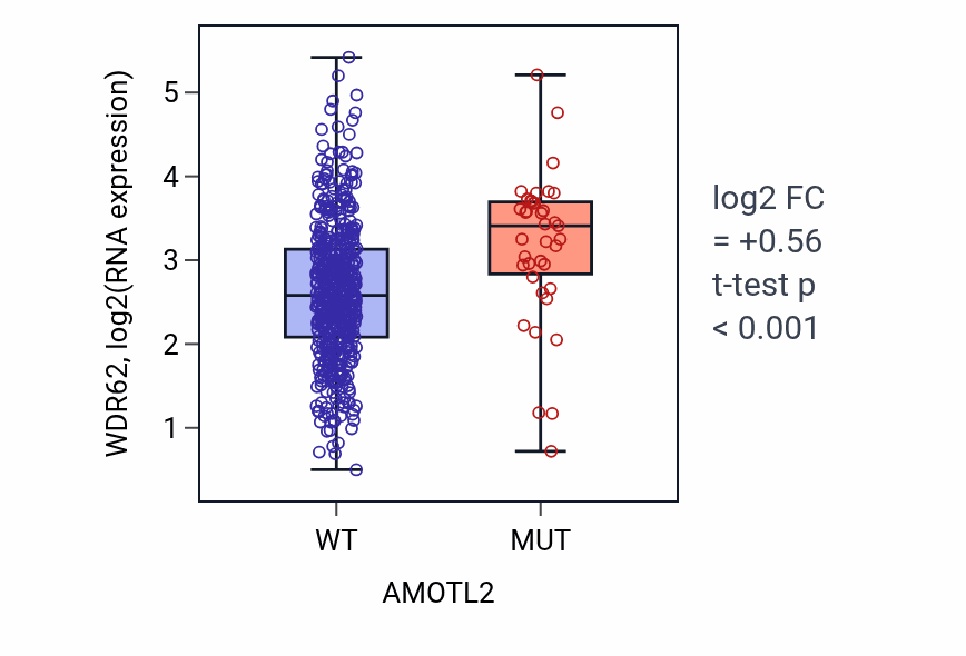 Box plot of WDR62 in AMOTL2-low vs AMOTL2-high samples in UCEC.