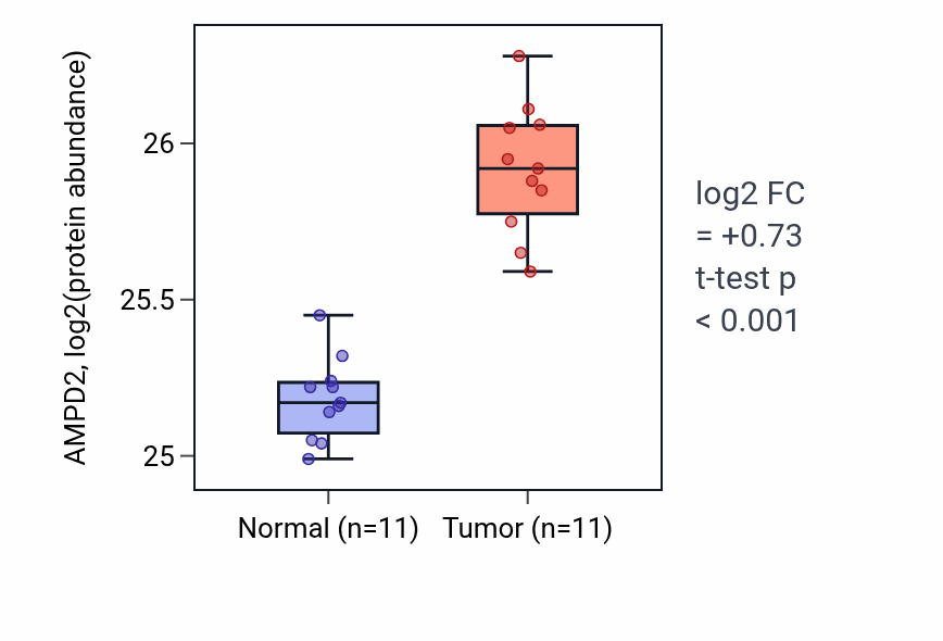 Tumor-vs-normal mass-spec protein box plot for AMPD2 in CCRCC.