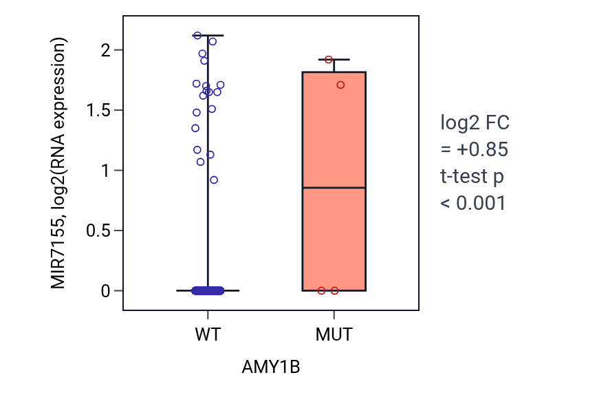 Box plot of MIR7155 in AMY1B-low vs AMY1B-high samples in UCEC.