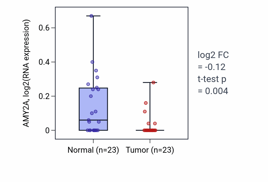 Tumor-vs-normal expression box plot for AMY2A in UCEC.