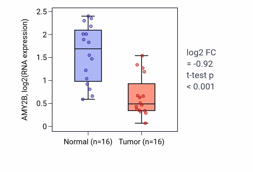 Tumor-vs-normal expression box plot for AMY2B RNA in LUSC.