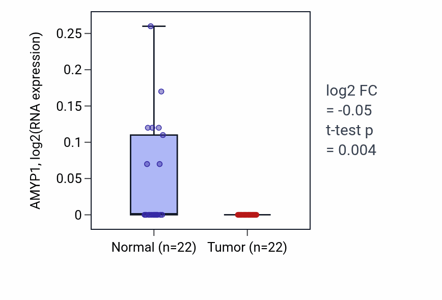 Tumor-vs-normal expression box plot for AMYP1 in KICH.