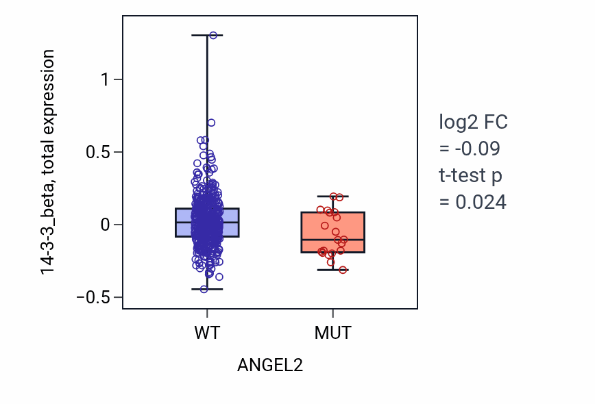 Box plot of 14-3-3_beta in ANGEL2-low vs ANGEL2-high samples in UCEC.