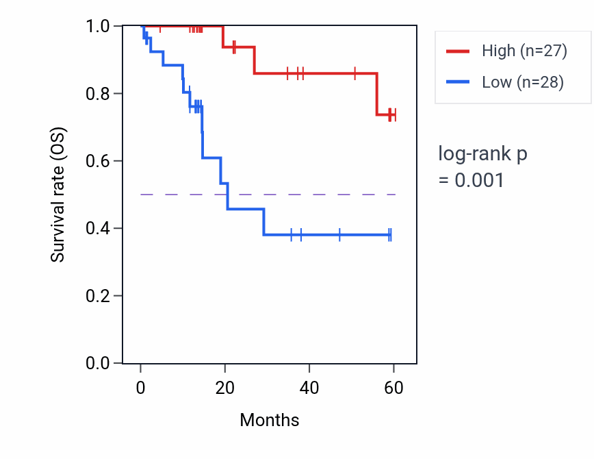 Kaplan&ndash;Meier survival curve for ANGEL2 mass-spec protein-high vs -low samples in LUAD.