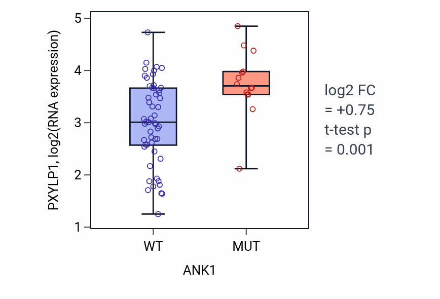 Box plot of PXYLP1 in ANK1-low vs ANK1-high samples in LARGE_INTESTINE.